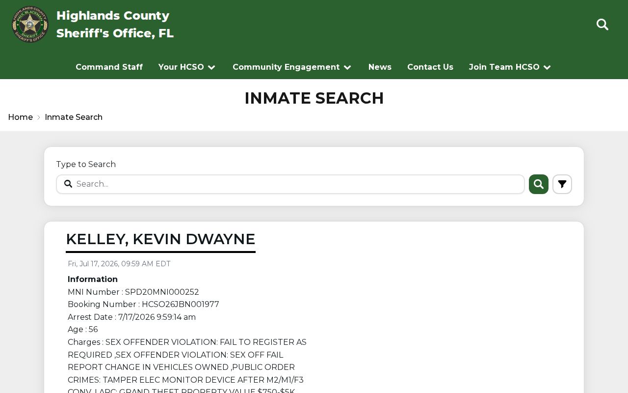Highlands County arrest history current inmate roster search