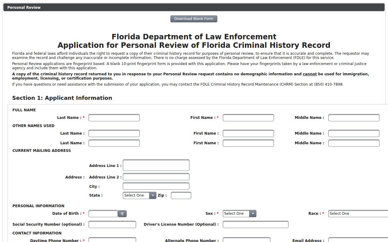 Lake Placid criminal history FDLE fingerprint Personal Review application